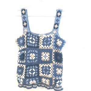 Ricki's granny square knit/crochet top women L blue/beige granny core cottage
